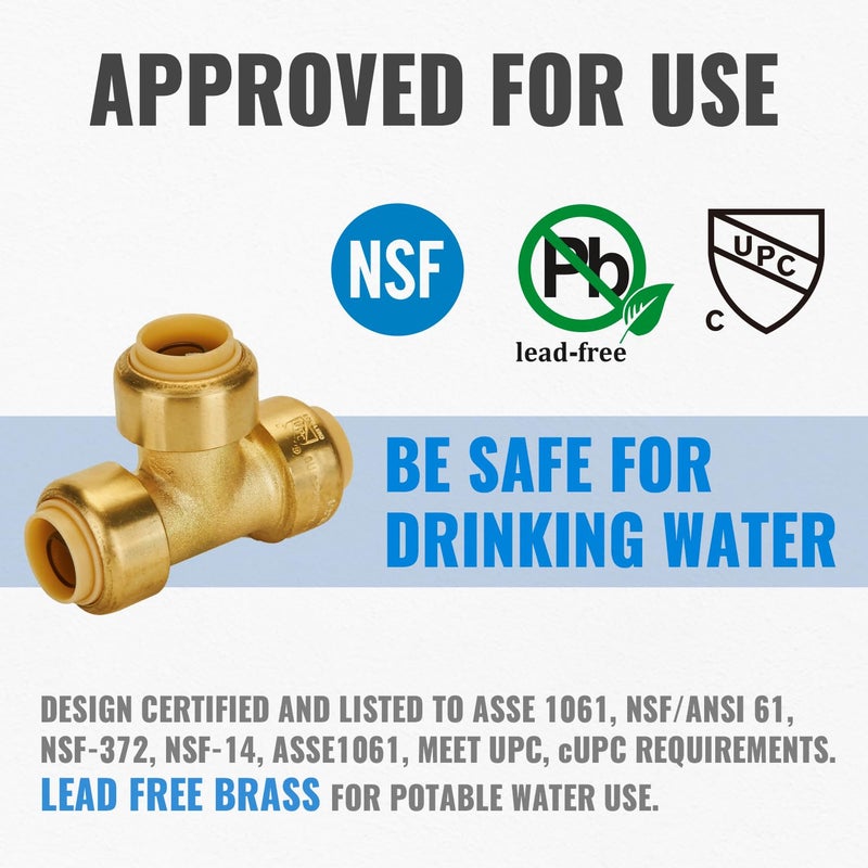 SUNGATOR 1/2 Inch Tee, Push Pex Tee Plumbing Fittings 1/2 Inch, No Lead Brass Push-to-Connect T Plumbing Fittings for PEX Pipe, Copper, CPVC Transition, with 1 Disconnect Clip, Pack of 6 - Image 3